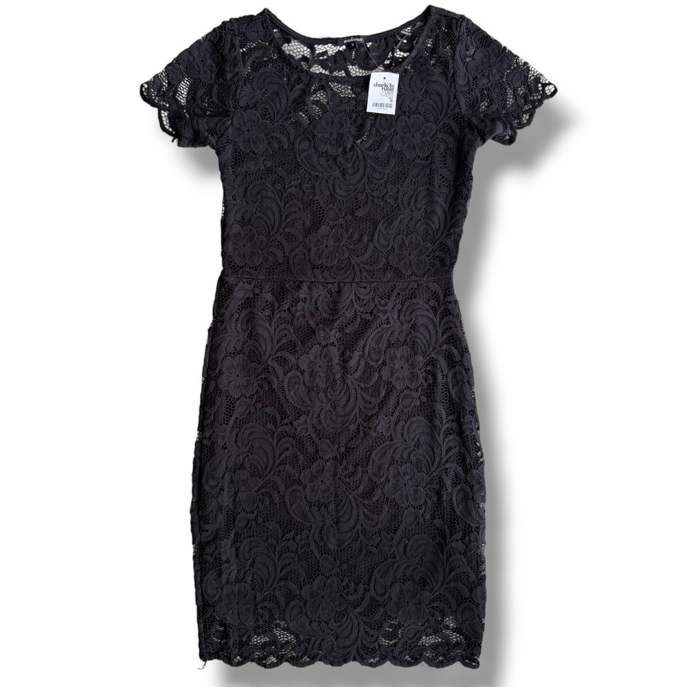 Ambiance Charlotte Russe M Black Floral Lace Short Sleeve Bodycon Mini Dress NWT